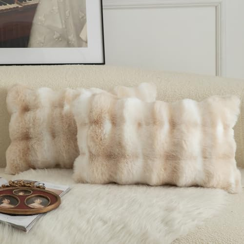 Mandioo 2er Set Luxus Dekorativ dicken Woll Kissenbezug Super Soft Wave Blase Plüschwolle werfen Kissenbezüge Zierkissenbezüge Sofakissen Schlafzimmer Kissenhülle für Sofa 40x80cm Weiß Beige