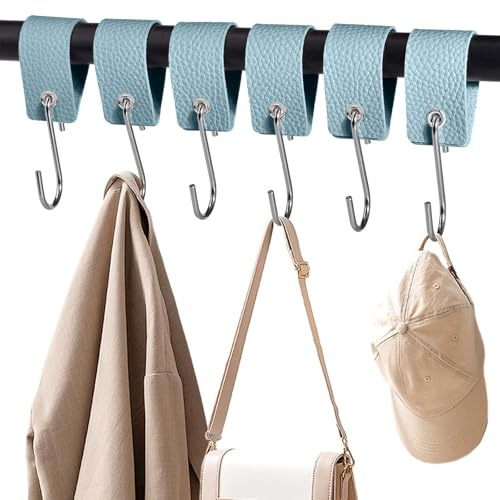 XHTXHT 6 Stück S Haken mit Lederschlaufe,haken für Kleiderstange Haken Garderobe Kleiderhaken Edelstahl für Garderobe Küche Badezimmer Camping (Hellblau)