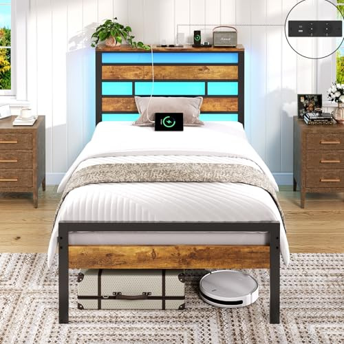 Brinlawb Bett 90x200 mit Lattenrost aus Metall, Einzelbett Bettgestell 90x200cm mit LED Beleuchtung und Ladestation (2 AC-Steckdosen, 1 USB-Anschluss und 1 Type-C-Anschluss) Metallbett mit Kopfteil