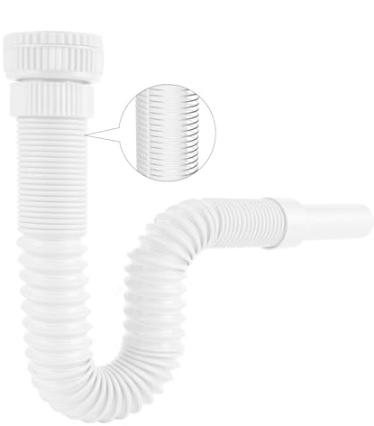 Hibbent Siphon Lavabo de Bain, Siphon Flexible Anti-Odeurs Avec Fil d'Acier Encastré, G1 1/4 (40.4mm) vers G1 1/2 (46.3mm) x 32mm, Siphon Evier, Evacuation Evier, Tuyau de Vidange Flexible, Blanc