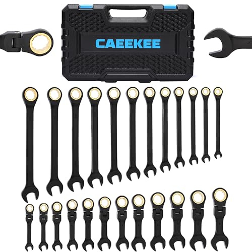 CaeeKee 24PCS 72T Ratcheting Combination Wrench Set, Stubby Flex-Head Metric(8mm - 19mm), SAE(1/4 - 7/8), 12 Point, CR-V, with Organizer Box
