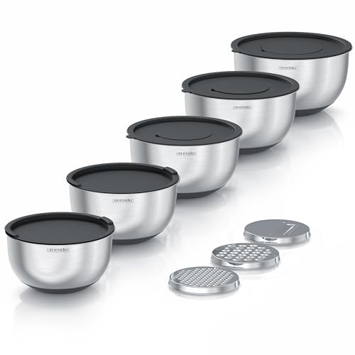Arendo - Rührschüsseln Edelstahlschüssel Set 5-teilig - mit sicher abschließenden Deckeln – 3 Reibaufsätze - Salatschüsseln in 1,6 bis 5 Liter – spülmaschinengeeignet – BPA-frei