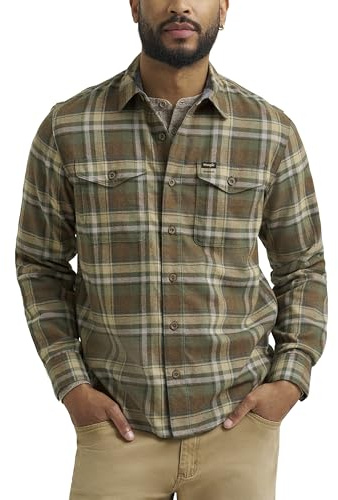 Wrangler Men's Long Sleeve Shirt, Thyme Plaid (Flannel), Large
