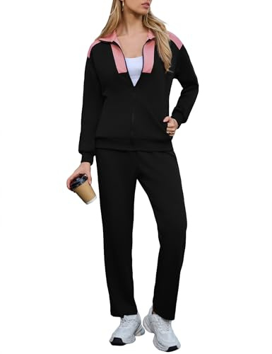 Litherday Tuta Donna Nero Rosa 2 Pezzi Autunno Inverno – Completo Sportivo con Felpa Leggera e Pantaloni Comodi, Look Casual Chic per Casa Fitness Passeggiate M