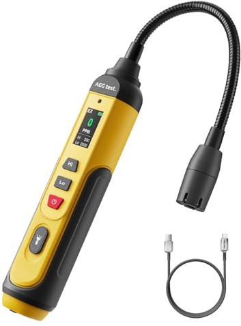 AEGTEST AGT-1988PRO Rilevatore di Gas Naturale Ricaricabile, Rilevatore di Gas con Collo da 17,5 cm, Schermo TFT, Campo 0–9999 PPM per Gas Combustibili come Propano e Metano per Casa e Camper – Giallo