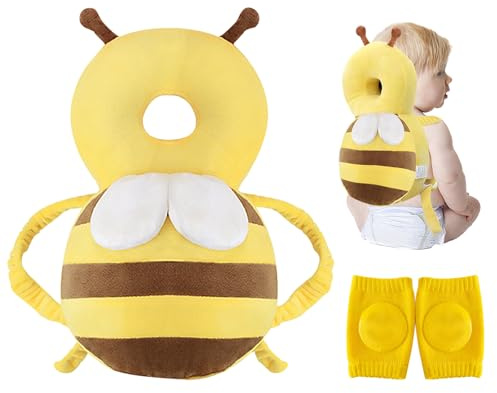 DAVBNM Baby Head Protector Backpack, Baby Head Protection Backpack, Knee Pads for Crawling, Protection Safety Pads for 4-24 Months Toddler Baby Learning Walking Crawling (Cute, Yellow)