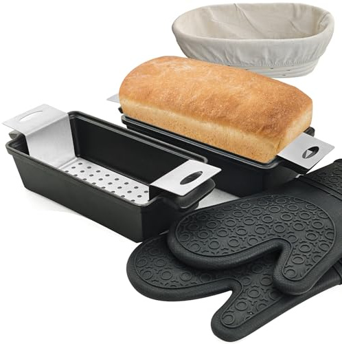 2-In-1 Cast Iron Oven Pan - 9x5 Durable Loaf Pans Rectangular Baking Pan with Banneton Bread Proofing Basket set for home baking, 2 Piece Set -1.8 QT×2 Pcs (Stainless steel mats, Bread Pan 4 Set)