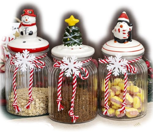 Darthome Set of 3 Christmas Ribbed Glass Storage Jars 0.9L Ceramic Lids Festive Kitchen Canisters
