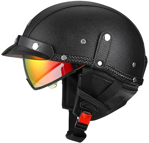 Casco Moto retrò Vintage Pelle Casco Cromwell Scodella Semi Integrale Caschi jet e demi-jet in ABS Certificato ECEDOT per Motocicletta Scooter e Bici Elettrica per Uomo e Donna W,L=59~60cm