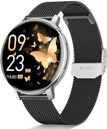 AIMIUVEI Smartwatch Damen Rund, Fitnessuhr mit Telefonfunktion 24H Pulsuhr, SpO2, Menstruationszyklus, 120+ Sportmodi, Schlaf, IP68 Wasserdicht Schrittzähler, iOS/Android, Geschenk Schwarz Silber