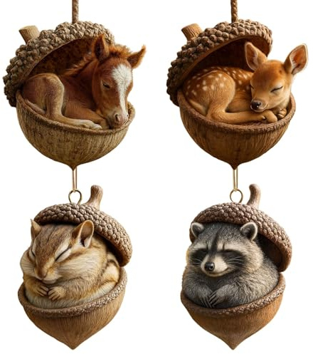 2D Waldtiere Eichels Ornaments, Acryl Tiere Aus Tannenzapfen Weihnachtsbaumschmuck Deko, Forests Animal Acorn Ornaments (4PCS)