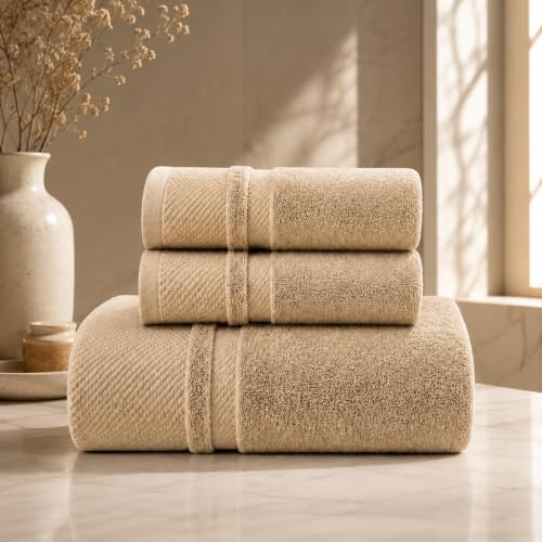 Set BOSALONI HOME Asciugamani Bagno 3 Pz, Composto da 1x Asciugamano Viso 50x100 cm + 2x Asciugamani Bidet 34x74 cm, Cotone 100% Morbido e Ultra Assorbente,Doccia, Viso (Sabbia)