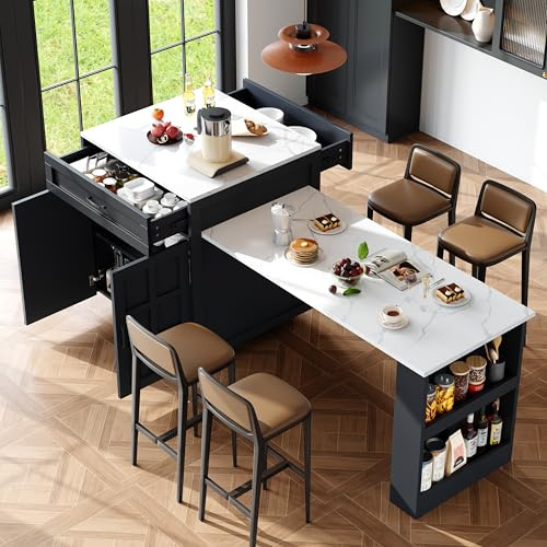 Bladez Kücheninsel mit Rollen, Ausziehbarer Esstisch mit Abnehmbarer Tischplatte, Bartisch mit Stauraum Schubladen und Vier Fächern, Sideboard für Küche und Esszimmer (Schwarz-D)