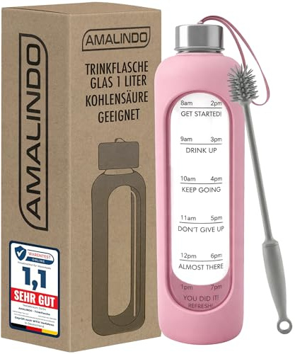Amalindo Gourde en verre 1 l avec housse en silicone rose