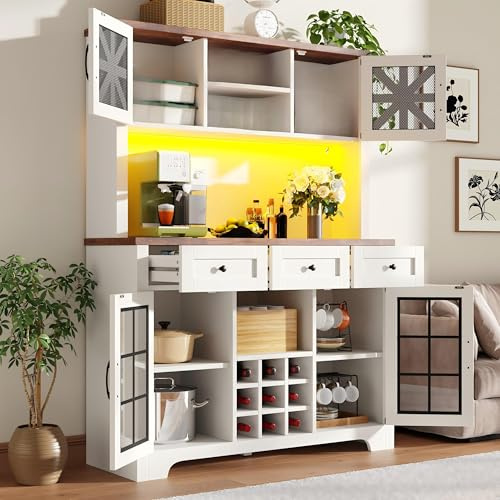 Ktipm Alacena de Cocina Aparador Alto Moderno con LED y Botellero, Armario Cocina con 3 Cajones y 4 Puertas, Mueble Auxiliar Aparadores, Dispositivo Antivuelco, 120x40x180 cm, Blanco