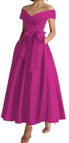 Vestido de satén para madre de la novia para mujer, hombros descubiertos, longitud del té, vestido formal de invitada de boda con lazo, fucsia, 40