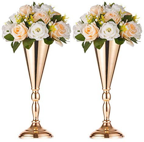 2 Pcs/Set Tabletop Metal Wedding Flower Trumpet Vase Table Decorative Centerpiece Artificial Flower Arrangements for Anniversary Ceremony Party Birthday Event Aisle Home Decoration