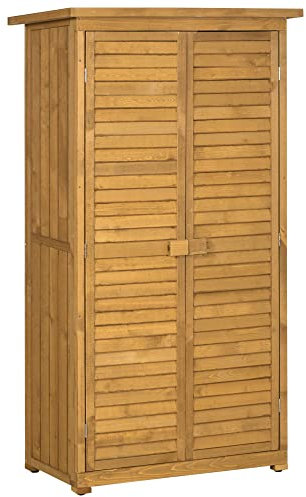 Outsunny Gartenschrank Holz, Geräteschuppen wetterfest 87x46,5x160cm, Gerätehaus mit Tür, Pultdach, Böden, Geräteschrank, Gartenhaus Werkzeugschrank Gartenschuppen für Garten, Terrasse, Natur