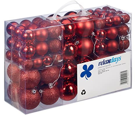 Relaxdays Weihnachtskugeln, 100er Set, Weihnachtsdeko, matt, glänzend, glitzernd, Christbaumkugel ∅ 3, 4 & 6 cm, rot