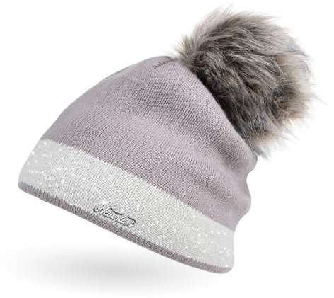 Neverless Damen Strick-Mütze gefüttert mit Fell-Bommel Kunstfell Winter-Mütze Feinstrick Glitzer-Garn Bommelmütze