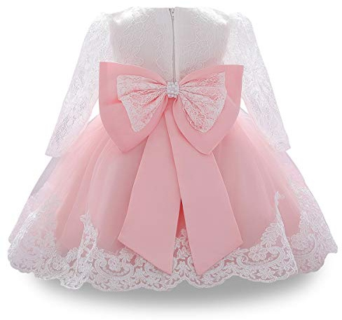 WOCINL Robe Tutu à Manches Longues en Dentelle avec nœud Papillon pour bébé Fille, Mariage, Anniversaire, Concours de beauté, fête, baptême, Rose, 12 Mois