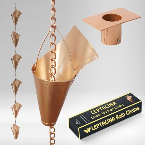 LEPTALINA 8.5FT Copper Colored Rain Chains for Gutter and Rain Barrel | Rust-Resistant Plated Garden Décor Iron Rain Chain for Downspout | Bonus Rain Chain Gutter Adapter