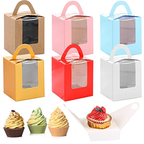 BLLREMIPSUR 24 Stück Einzelne Cupcake-Boxen mit Fenster, Papierschachteln Karton Geschenkboxen, Backwaren-Boxen mit Griffen und Pappeinsätzen, Geschenk-Box für Hochzeit, Geburtstag, Party