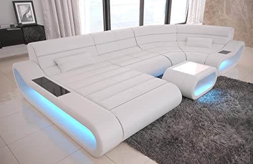 Wohnlandschaft Concept U Form Sofa in Leder - mit LED Beleuchtung, ergonomische Rückenlehnen, Recamiere/Lederfarben wählbar/Ausrichtung Ottomane wählbar (Ottomane Links, White)