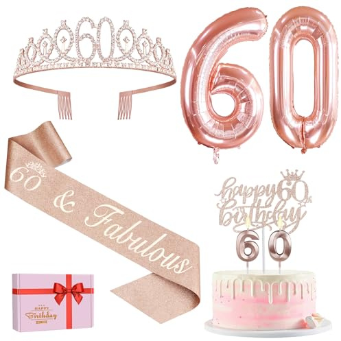 Amosking 60th Birthday Decorations for Women Rose Gold | 60th Birthday Rose Gold Supplies - 60th Birthday Sash, Tiara, Cake Topper, Candles, Balloons, 60 Year Old Gifts for Women