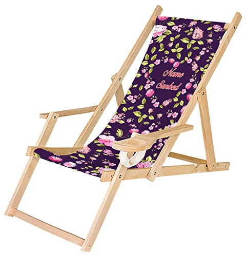 Däckstol trä hopfällbar solstol med armstöd och dryckeshållare vit trädgård strandstol design violett hjärta [119]