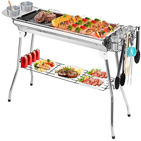 Parrillas portátiles de carbón, parrilla plegable para barbacoa al aire libre, juego de parrilla plegable de acero inoxidable con placa de especias, almacenamiento y soporte, parrilla grande para