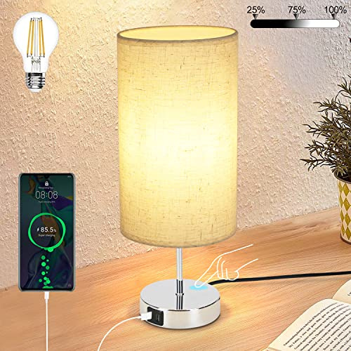GBLY Nachttischlampe Touch Dimmbar mit Ladefunktion Modern Tischlampe mit | USB Anschlüsse, Schlafzimmer Nachttisch Lampe, Bettlampe mit Stoffschirm, Tischleuchte E27 für Hotel Bett Wohnzimmer Flur