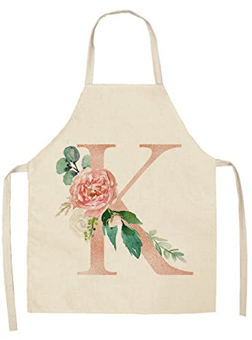 53*65cm Linen Kitchen Apron Pink A-Z Letter Flower Print Apron Ladies Home Cleaning Apron Kitchen Cooking Baking Apron,K,53*65cm