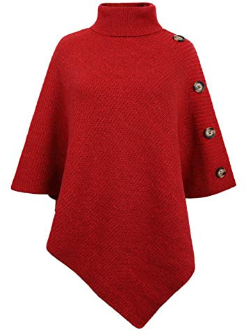 JFAN Dam poncho hög krage sjalar med knappar elegant stickad kappa för kvinnor, Röd, one size