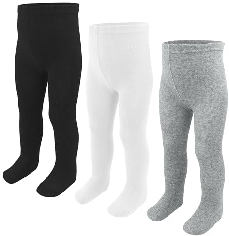 SPTRAMLE Lot de 3 paires de collants en coton pour bébé fille 0-2 ans 56-62 68-74 74-92, Noir + blanc + gris., 9-18 mois