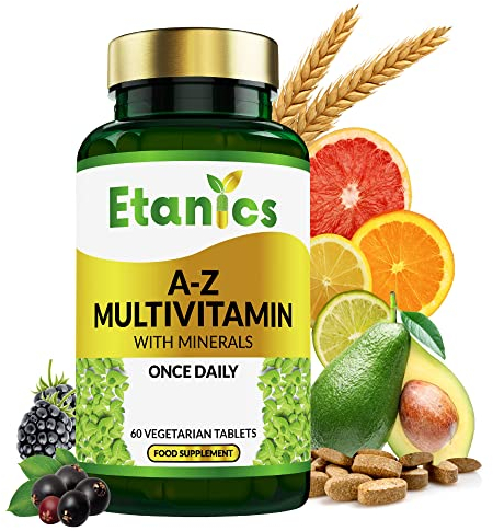 Etanics A-Z Multivitamin Tablets for Men and Women with 25 Active Multivitamins and Minerals Including Vitamin D3, Iron & CoQ10-60 Vegetarian Tablets 1 a Day - Etanics - Made in The UK