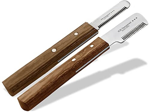 Trimmmesser Set für Hunde und Katzen mit Feiner Mittlerer und Grober Zahnung 2-Teilig Fellpflege Kamm für Hundefell Unterwolle Fellmesser Hundeschere Edelstahl Messer