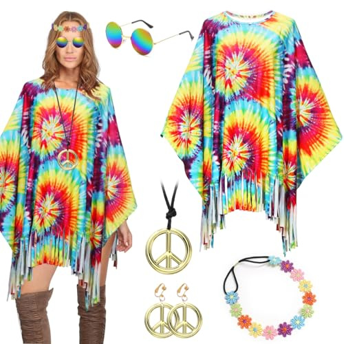 Wishstar hippie kostym dam set, dam hippie slips dye poncho blommor pannband retro solglasögon örhängen halsband för fest outfit tillbehör, 60-talet 70-talet kläder fest kostym set dam kvinna