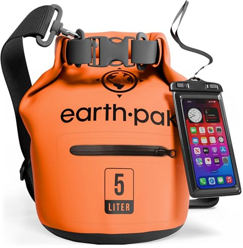 Wasserdichter Packsack 5L - Dry Bag mit Reißverschlusstasche und Rolltop | Dry Bag 5L in Orange: schwimmfähiger Trockensack mit Reißverschluss-Außentasche und IPX8-Handyhülle