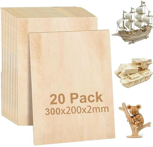 AKOLAFE 20 Pezzi Compensato 300 x 200 x 2mm Pannelli in Legno Balsa naturale formato A4 Pannello Legno Fogli di Legno di Balsa per Pirografia Taglio Laser Fai Da Te,Pittura,Progetti Scolastici,Modelli