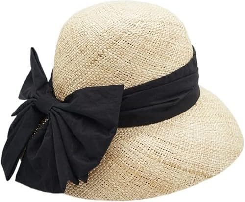 Sonnenhüte, Strohhut, Sommerhüte, Sonnenhut, Stroh-Sonnenhut, Damen-Eimer-Sonnenhut, Strohhut mit Cloche, Sommerhut, Strand-Damenhut (Color : Black, Size : One Size)