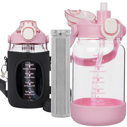 Seekua 1l Trinkflasche Glas mit Strohhalm & Sieb, 1 liter Cold Brew Flasche mit Filter für kaltgebrühten Kaffee, oder Eistee, Teeflasche