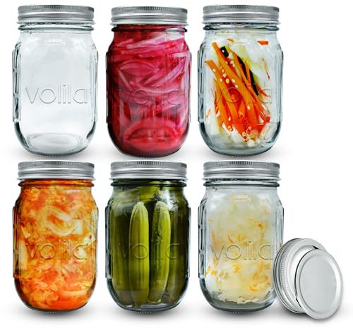 volila Mason Jars with Lids - 6 Pack 490ml Leakproof Glass Jars with Lids for Airtight Seal - Round Mason Jar with Silver 2-Part Lid for Salad, Food Storage, Overnight Oats, Pickling, and Canning