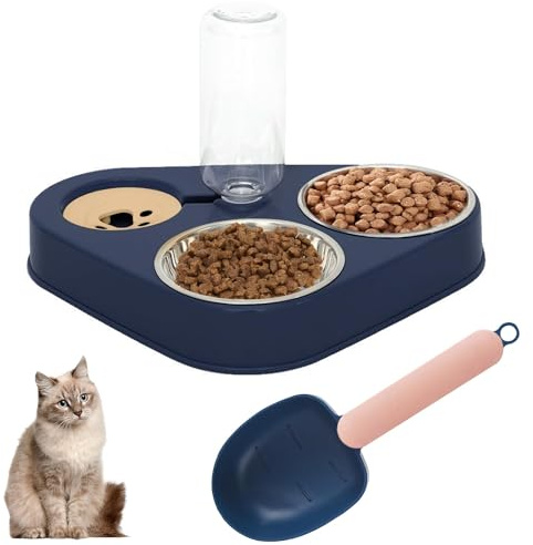 Katzennäpfe Katzenschüssel Set 3 in 1 Katzennapf aus Edelstahl Fressnapf Katze Wasserschale mit Schaufel Doppelter Futternapf mit Automatischer Wasserflasche für Hunde Katzen Haustier (Blau)