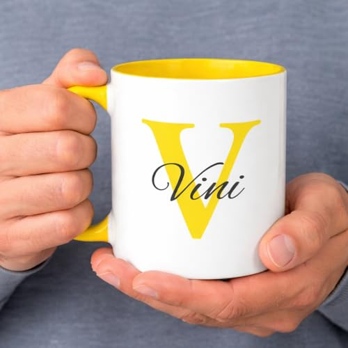 C&P Taza Personalizada en color blanco brillo con asa e interior color, con Inicial y Nombre de cerámica 350 ML (AMARILLO)