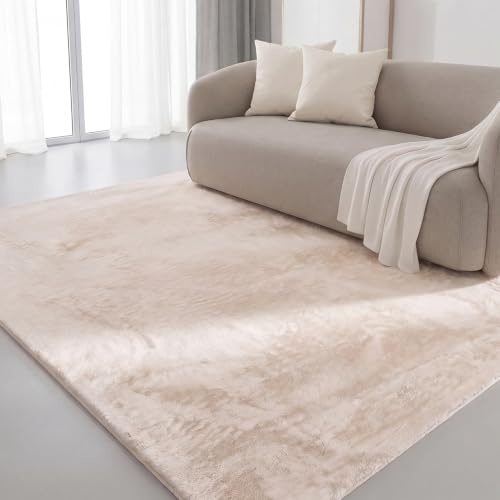 Interiyou Fargo - Teppich Wohnzimmer 200x290 cm Beige - Kurzflor Waschbar und rutschfest - Flauschiger Fellteppich aus Kunstfell - weicher Langflor Fell