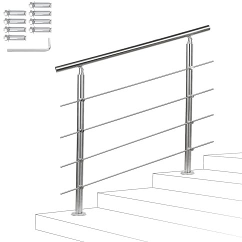 Fiqops Main courante en acier inoxydable - Rampe d'escalier extérieure et intérieure 180 cm Avec 4 traverses Ø 42 mm Avec accessoires - Angle réglable pour escaliers, jardin, entrée