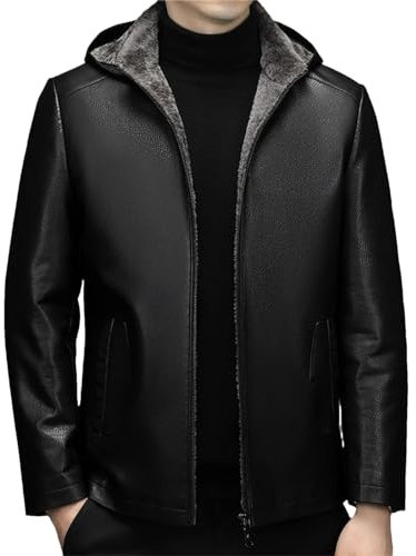 Hgvcfcv Herren Echtleder Jacke Herbst Winter verdickte Kapuze Pelzmantel Business Casual Lederjacke, 8010, Schwarz, L
