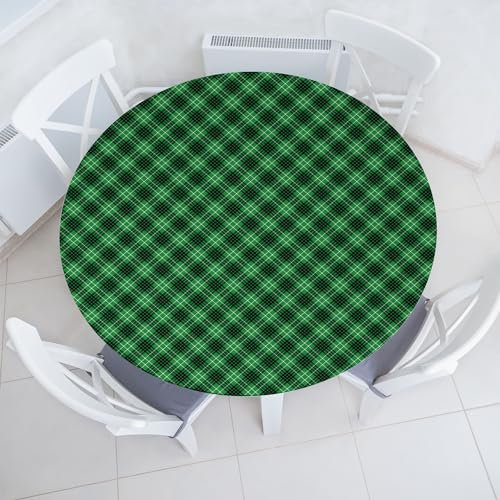 ABAKUHAUS Plaid Elastisches Rundtischtuch, Diagonales Tartan-vibrierendes grünes Farbgeometrisches Design mit Streifen Kontrollen, Rundum-elastische Stofftischdecke, 142 cm - 152 cm, Grün Schwarz Weiß