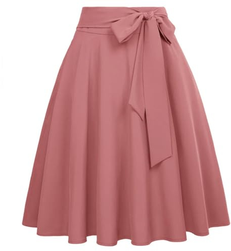 Damen Sommerrock in A-Linie mit hoher Taille, zum Binden und Schleife, knielanger Rock-Puce-M